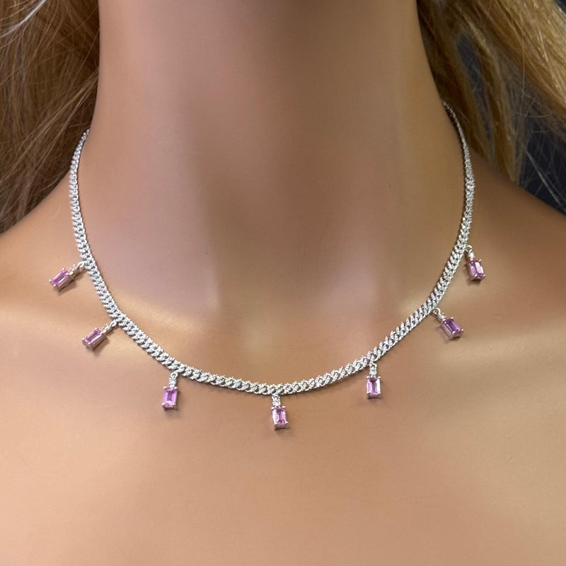 GEMSTONE CLOSEOUT!  5.00ct G SI 14K White Gold Diamond & Pink Sapphire Gemstone Cuban Necklace 12" + 4" Long