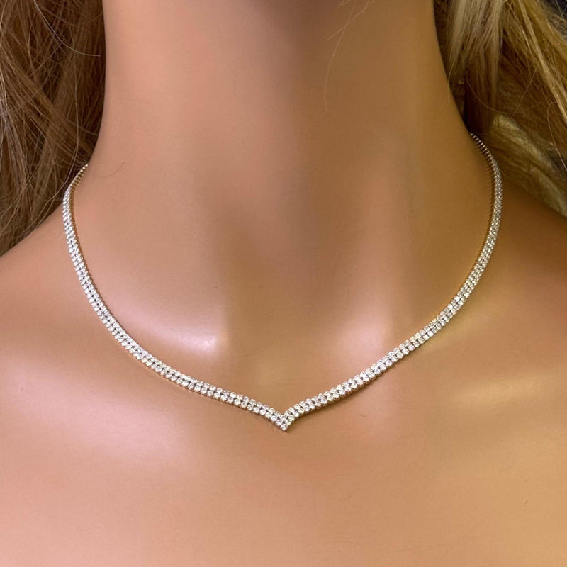 DIAMOND  CLOSEOUT!  10.00CT G SI 14K Yellow Gold Round Diamond 2-Row V Shaped Tennis Necklace 16" Long