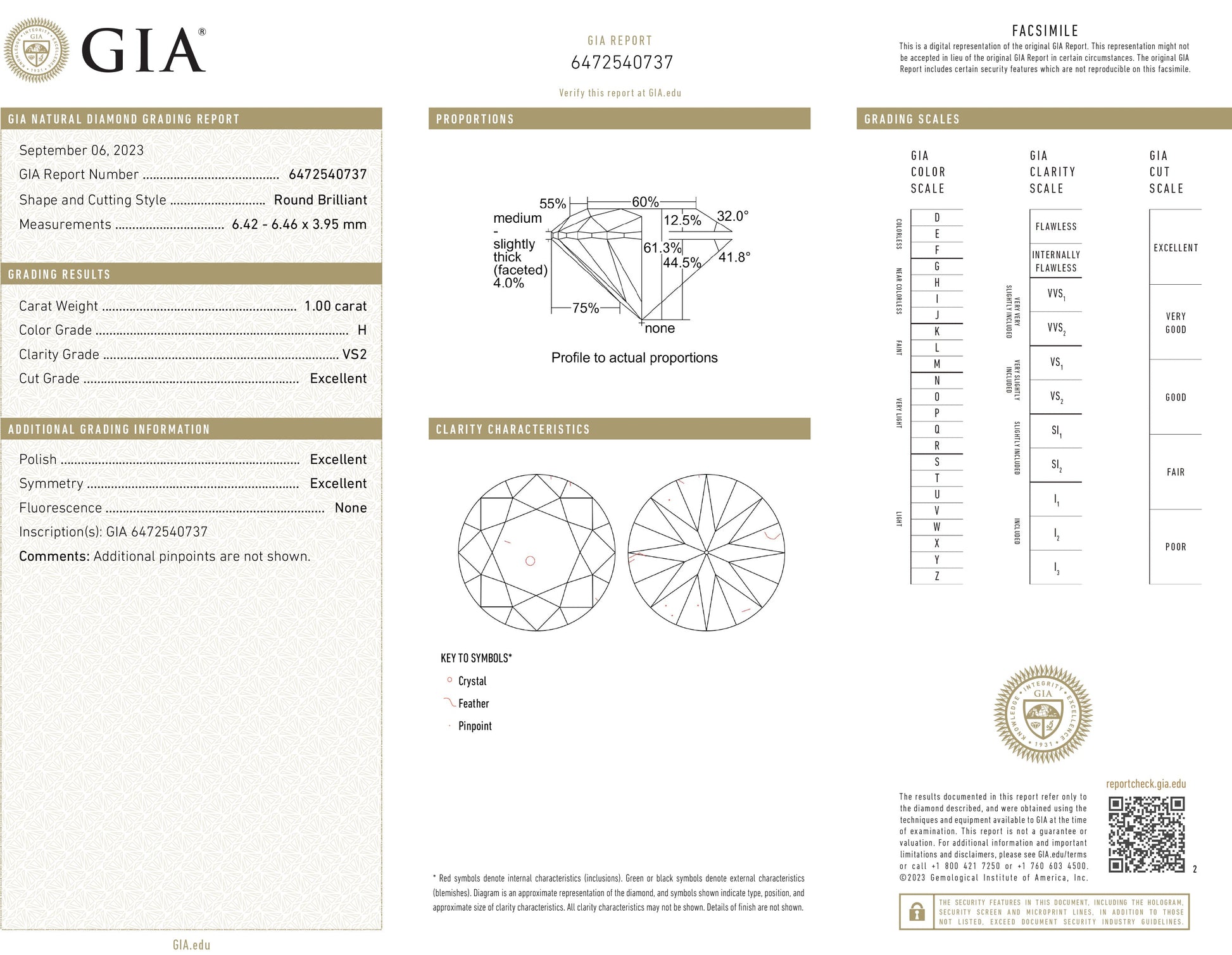 SPECIAL! 1.00CT H VS2 GIA CERTIFIED Round Brilliant Cut Natural Diamond