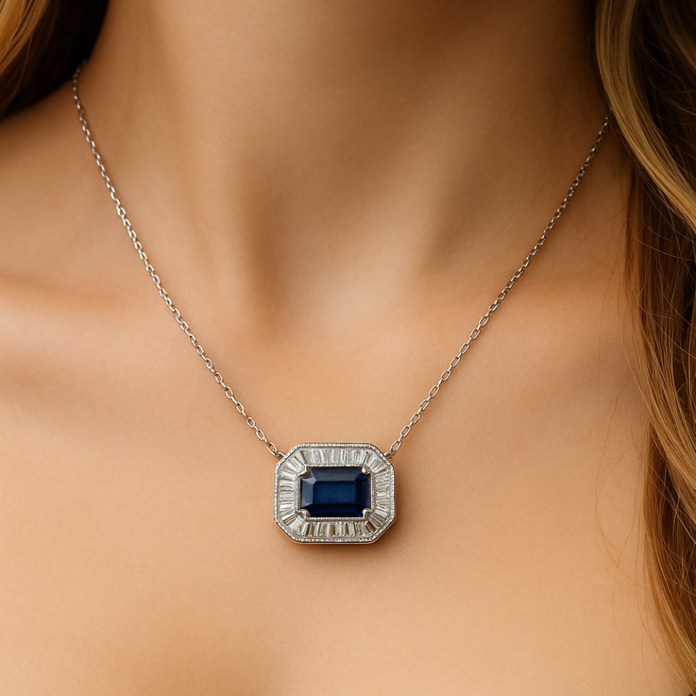 SPECIAL! .44ct G SI 14K White Gold Diamond & Blue Sapphire Gemstone Pendant Necklace 16+2" Ext