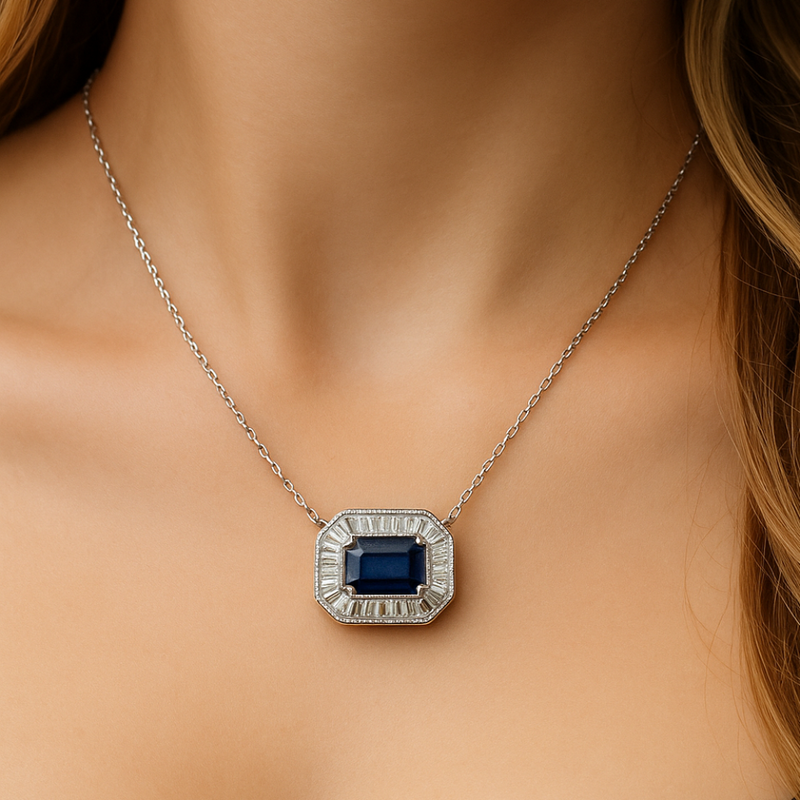 SPECIAL! .44ct G SI 14K White Gold Diamond & Blue Sapphire Gemstone Pendant Necklace 16+2" Ext