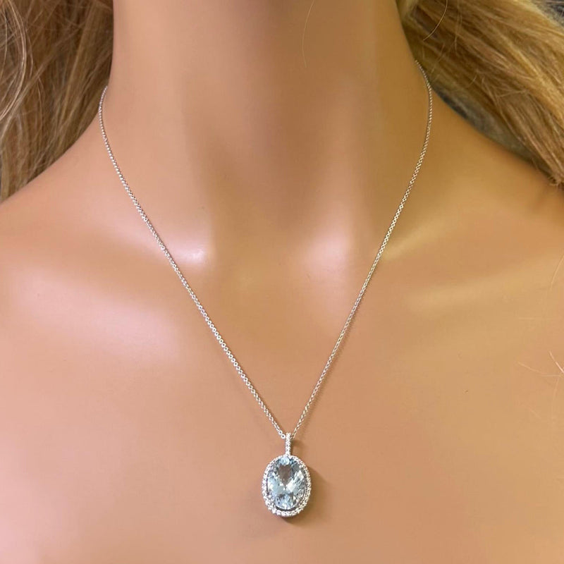 SPECIAL!5.80ct G SI 14K White Gold Diamond & Oval Shape Aquamarine Gemstone Pendant Necklace 18" Long Chain