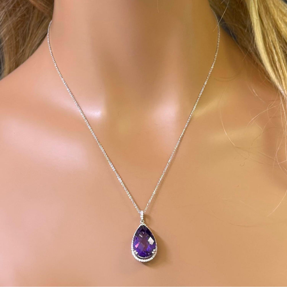 SPECIAL!8.60ct G SI 14K White Gold Diamond & Pear Shape Amethyst Gemstone Pendant Necklace 18" Long Chain