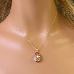 SPECIAL! 8.58ct G SI 14K Rose Gold Diamond & Pear Shape Morganite Gemstone Pendant Necklace 16" Long