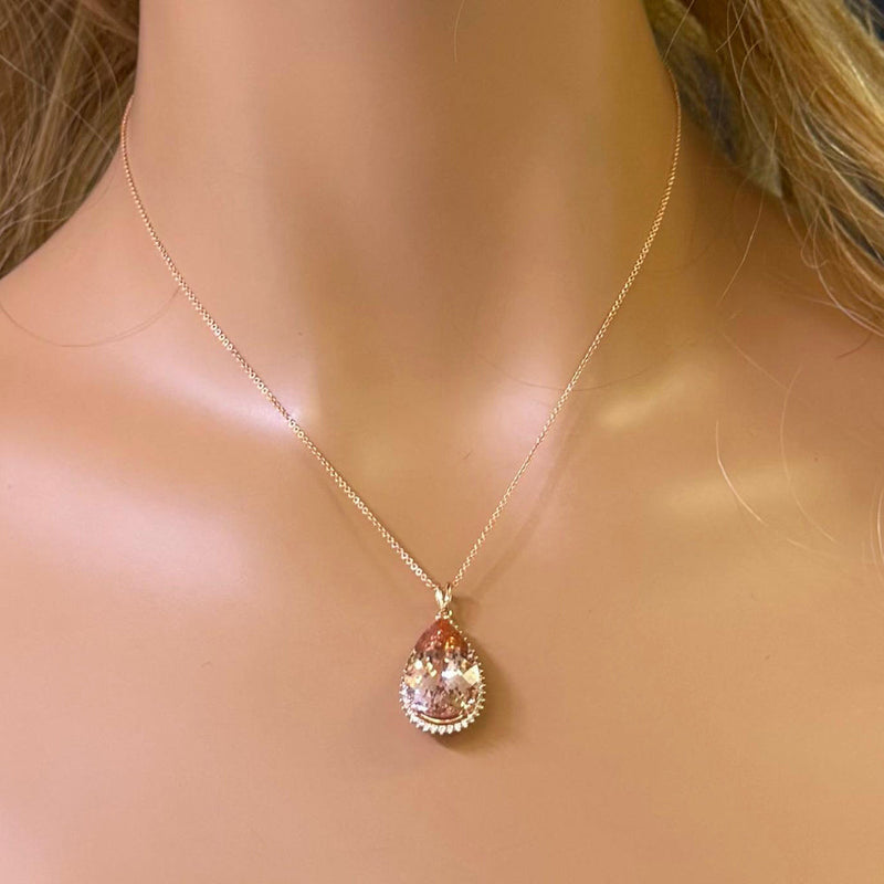 SPECIAL! 8.58ct G SI 14K Rose Gold Diamond & Pear Shape Morganite Gemstone Pendant Necklace 16" Long