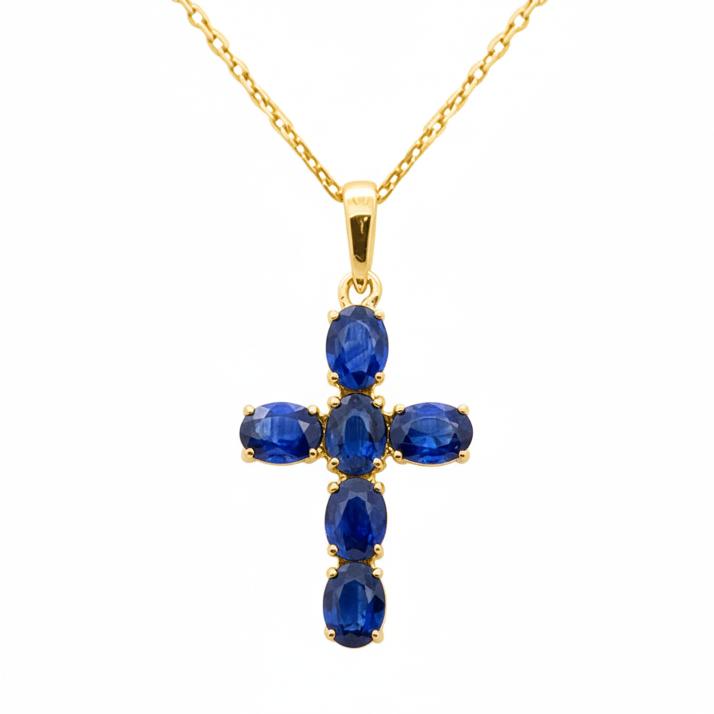 SPECIAL! 1.34ct G SI 14K Yellow Gold Blue Sapphire Gemstone Cross Pendant Necklace 18" Chain