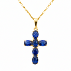 SPECIAL! 1.34ct G SI 14K Yellow Gold Blue Sapphire Gemstone Cross Pendant Necklace 18" Chain