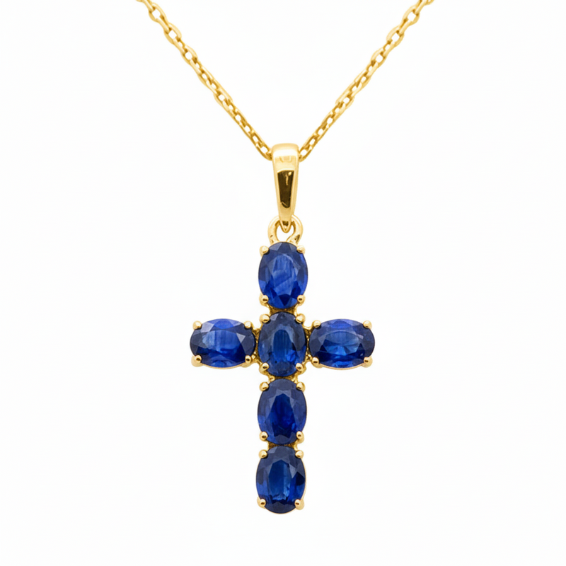 SPECIAL! 1.34ct G SI 14K Yellow Gold Blue Sapphire Gemstone Cross Pendant Necklace 18" Chain