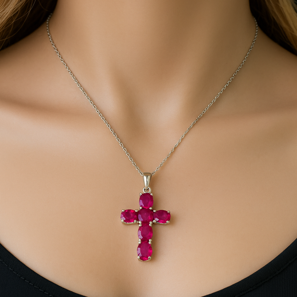 SPECIAL!1.17ct G SI 14K White Gold Ruby Gemstone Cross Pendant Necklace 18" Chain
