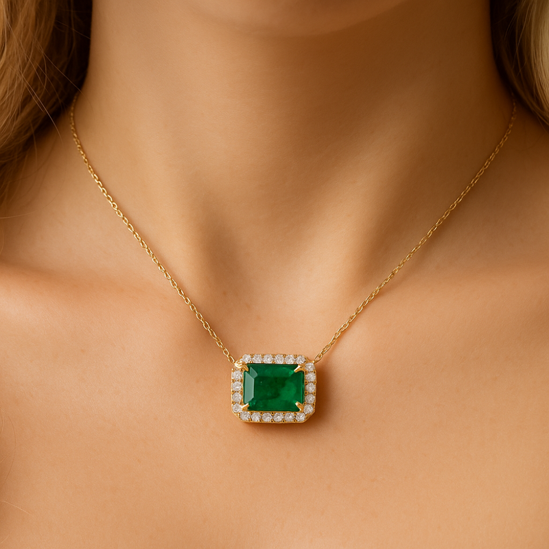 SPECIAL! .97ct G SI 14K Yellow Gold Diamond & Emerald Gemstone Eagle Claw Prong Set Pendant Necklace 18" Chain