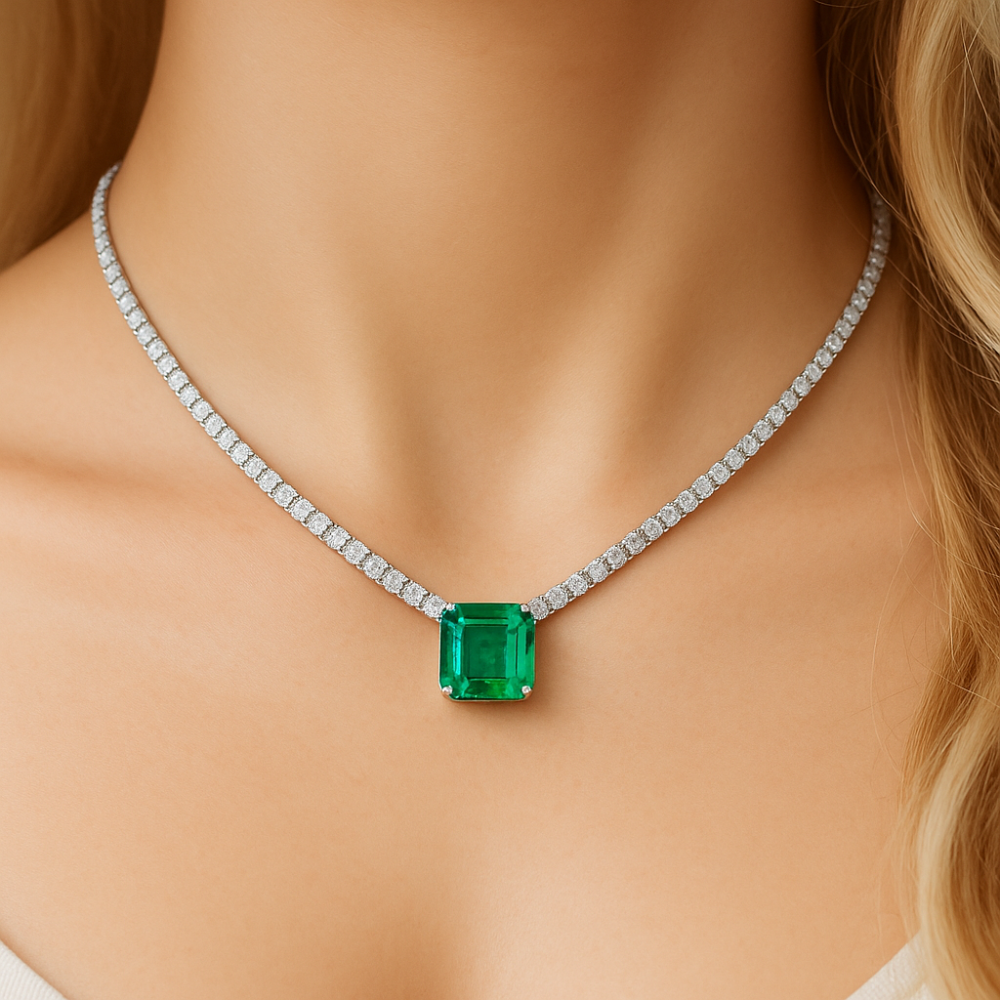 SPECIAL!16.50ct G SI 14K White Gold Diamond & Emerald Gemstone Tennis Necklace 16" Long