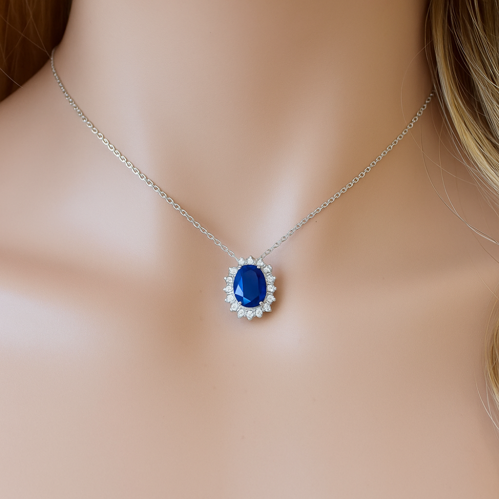 SPECIAL!1.35ct G SI 14K White Gold Diamond & Blue Sapphire Gemstone Pendant 18" Long