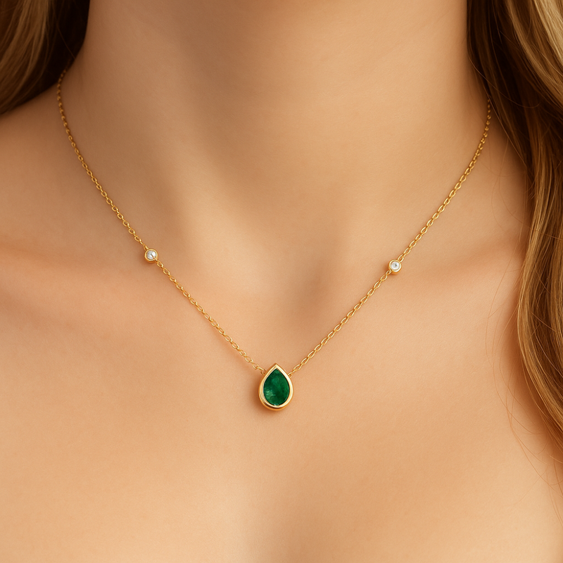 SPECIAL!.60ct G SI 14K Yellow Gold Diamond & Emerald Gemstone Pendant 18" Long