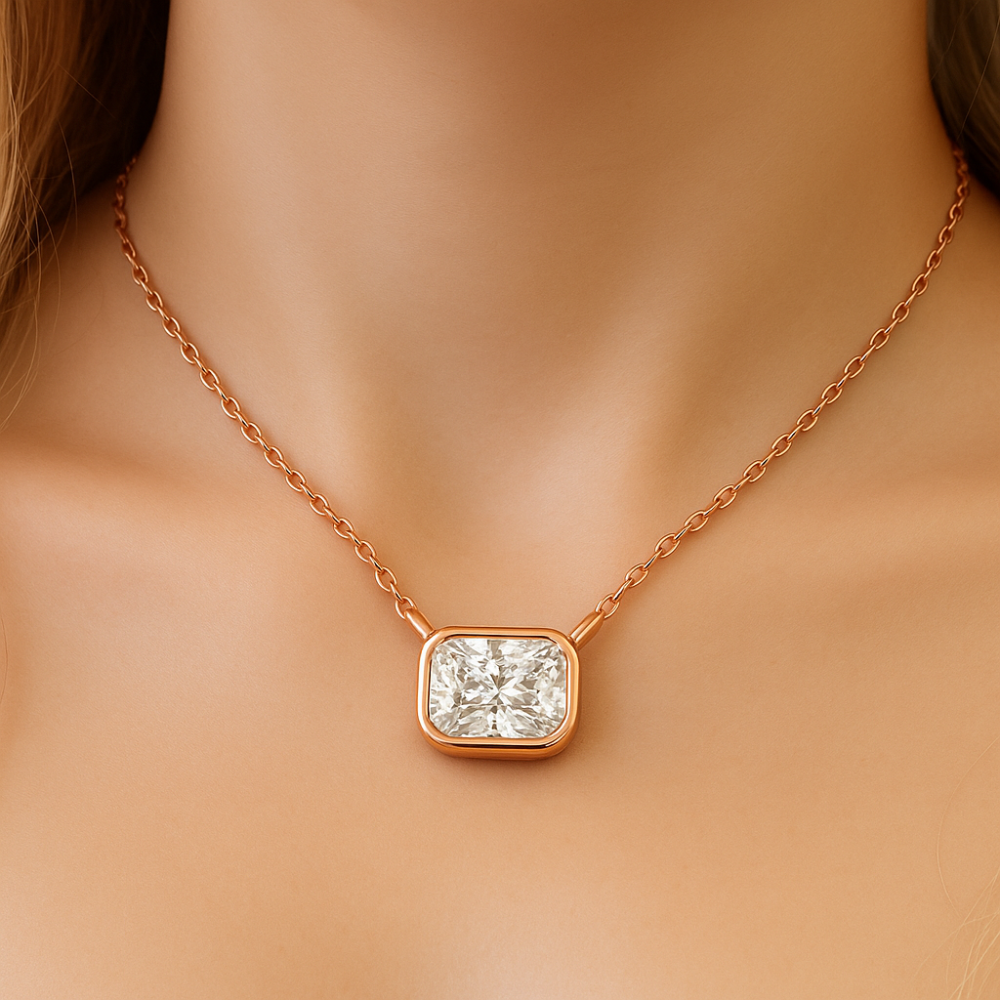 SPECIAL!.31ct G SI 14K Rose Gold Bezel Set Radiant Cut Diamond Pendant 18" Long