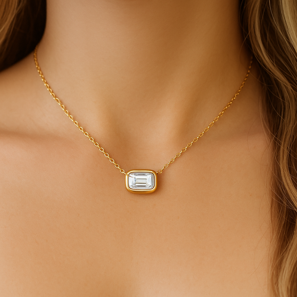 SPECIAL!.27ct G SI 14K Yellow Gold Bezel Set Emerald Cut Diamond Pendant 18" Long