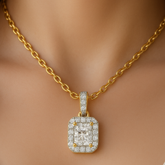 SPECIAL!.49ct G SI 14K Yellow Gold  Radiant Cut Diamond Halo Solitiare Pendant 18" Long