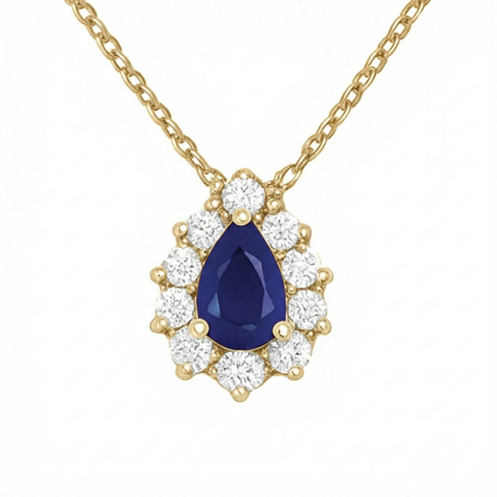 SPECIAL! .98ct G SI 14kt Yellow Gold Diamond & Pear Shape Blue Sapphire Gemstone Pendant Necklace 18" Long