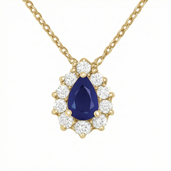 SPECIAL! .98ct G SI 14kt Yellow Gold Diamond & Pear Shape Blue Sapphire Gemstone Pendant Necklace 18" Long