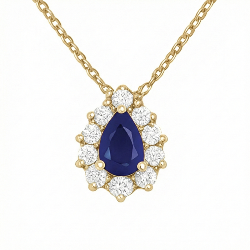 SPECIAL! .98ct G SI 14kt Yellow Gold Diamond & Pear Shape Blue Sapphire Gemstone Pendant Necklace 18" Long