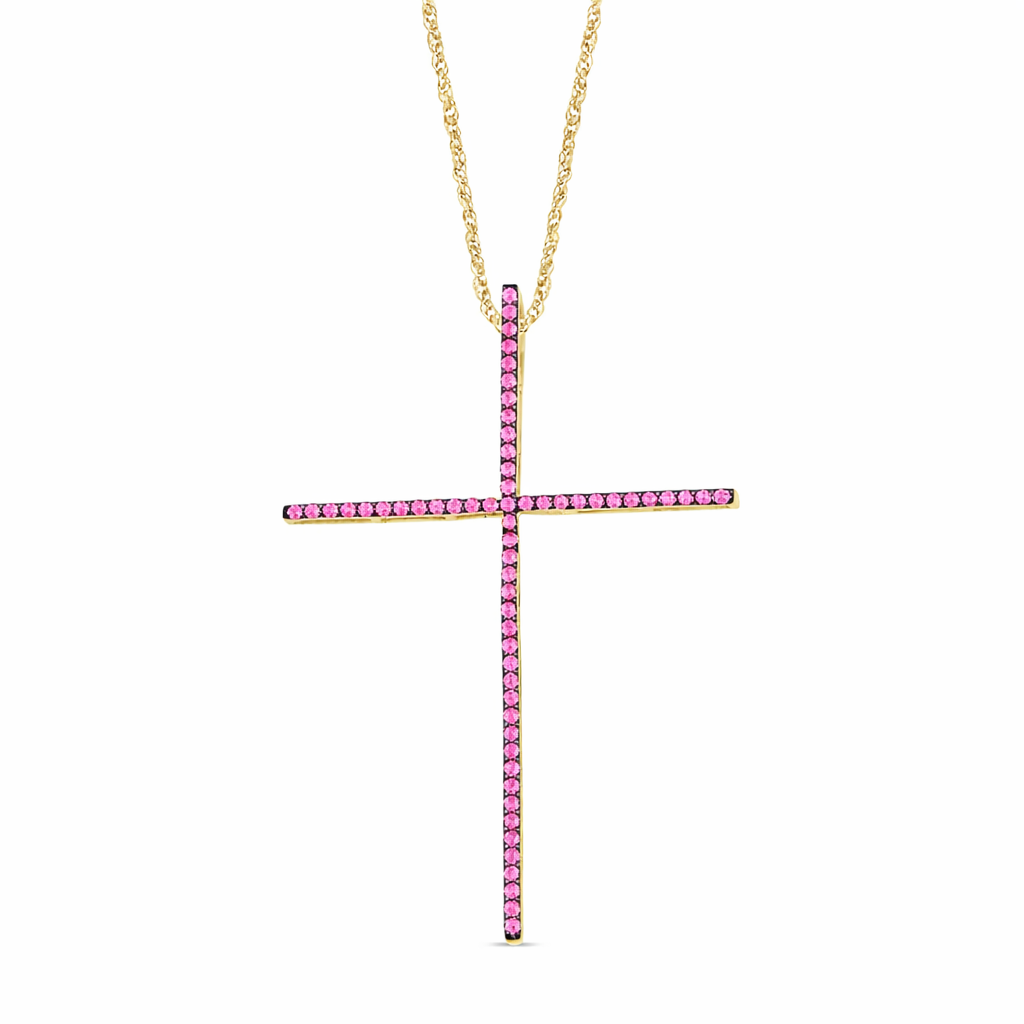SPECIAL! .43ct G SI 14K Yellow Gold Pink Sapphire Gemstones Cross Pendant Necklace 18" Long Chain