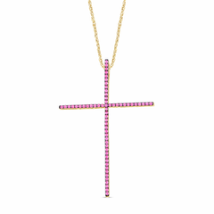 SPECIAL! .43ct G SI 14K Yellow Gold Pink Sapphire Gemstones Cross Pendant Necklace 18" Long Chain