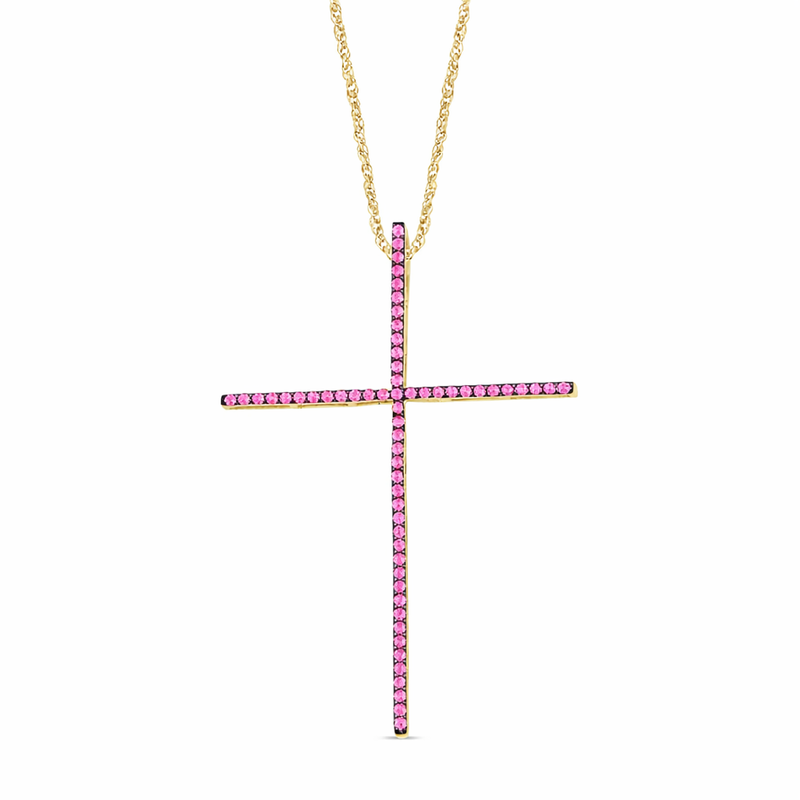 SPECIAL! .43ct G SI 14K Yellow Gold Pink Sapphire Gemstones Cross Pendant Necklace 18" Long Chain