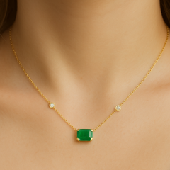 SPECIAL!.86ct G SI 14K Yellow Gold Diamond & Emerald Gemstone Pendant 18" Long