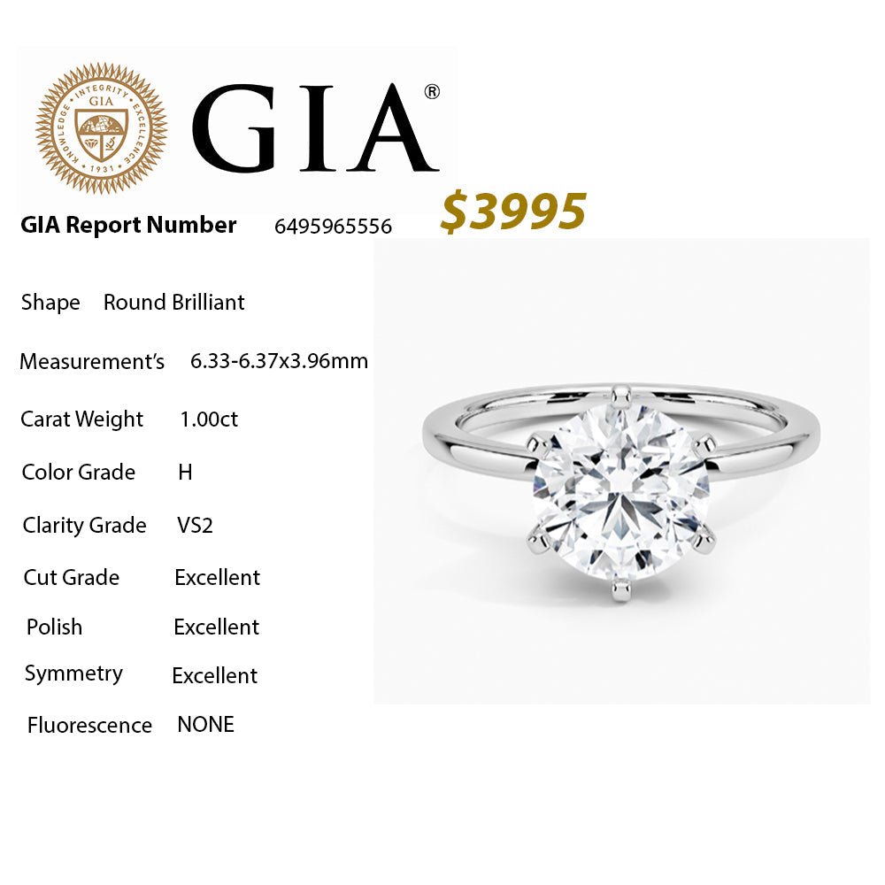 SPECIAL! 1.00ct GIA Certified 14K White Gold Round Diamond 6 Prong Set Solitaire Ring Size 6.5