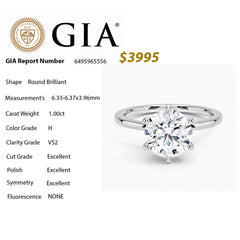 SPECIAL! 1.00ct GIA Certified 14K White Gold Round Diamond 6 Prong Set Solitaire Ring Size 6.5