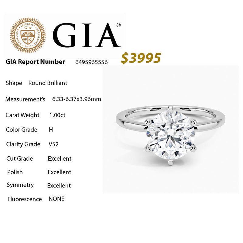SPECIAL! 1.00ct GIA Certified 14K White Gold Round Diamond 6 Prong Set Solitaire Ring Size 6.5
