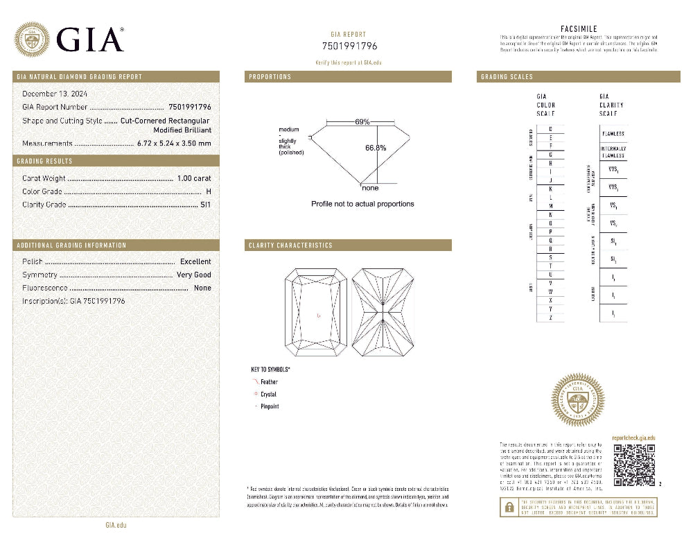 SPECIAL! 1.00ct H-SI1 GIA CERTIFIED 14K White Gold Radiant Cut Diamond Solitaire Ring Band Size 6
