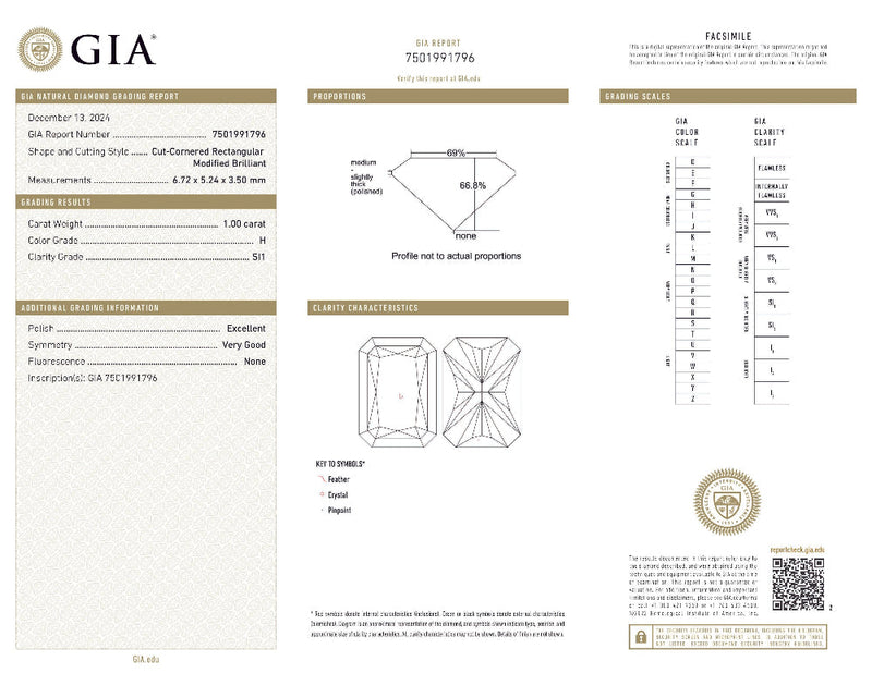 SPECIAL! 1.00ct H-SI1 GIA CERTIFIED 14K White Gold Radiant Cut Diamond Solitaire Ring Band Size 6