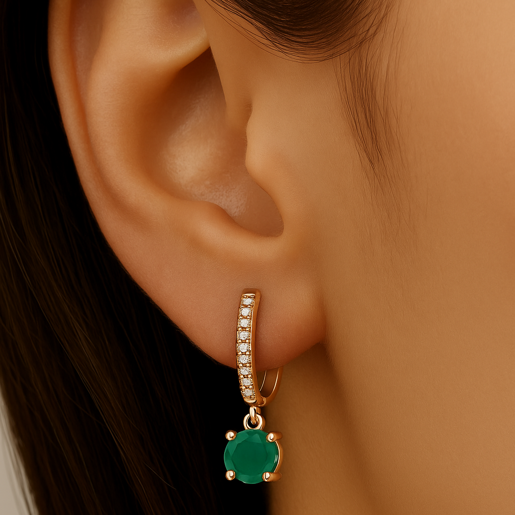 SPECIAL!1.10ct G SI 14K Rose Gold Diamond & Emerald Gemstone Hoop Huggie Dangle Earrings