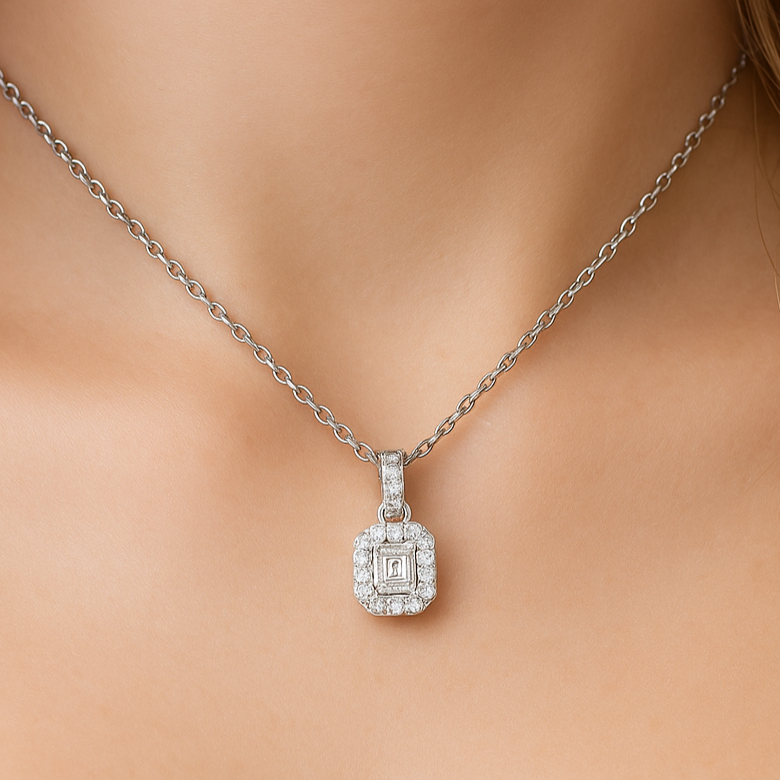 SPECIAL!.39ct G SI 14K White Gold Emerald Cut Diamond Halo Solitaire Pendant 18" Long