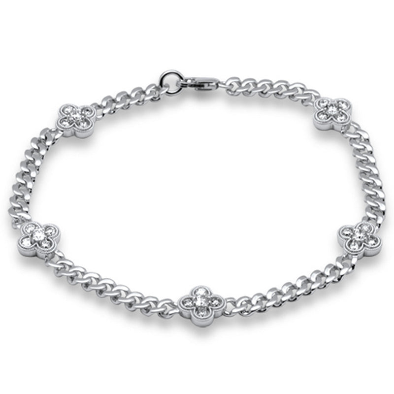 SPECIAL! .98ct G SI 14K White Gold Diamond Flower Style Cuban Bracelet 7.25" Long