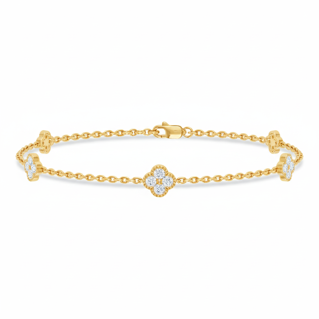 SPECIAL! .45ct 14k Yellow Gold Diamond Flower Chain Bracelet 7"