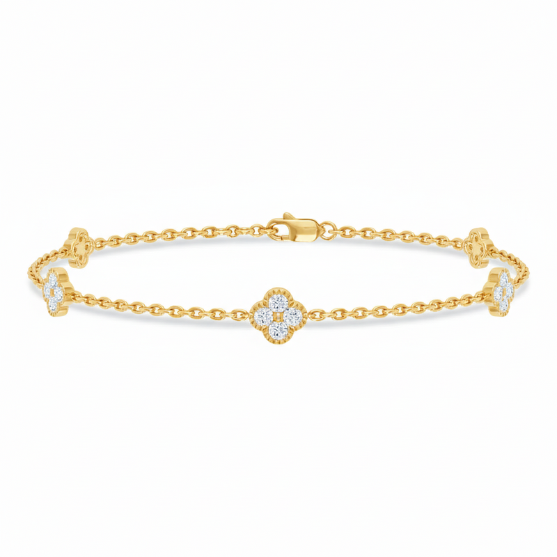 SPECIAL! .45ct 14k Yellow Gold Diamond Flower Chain Bracelet 7"