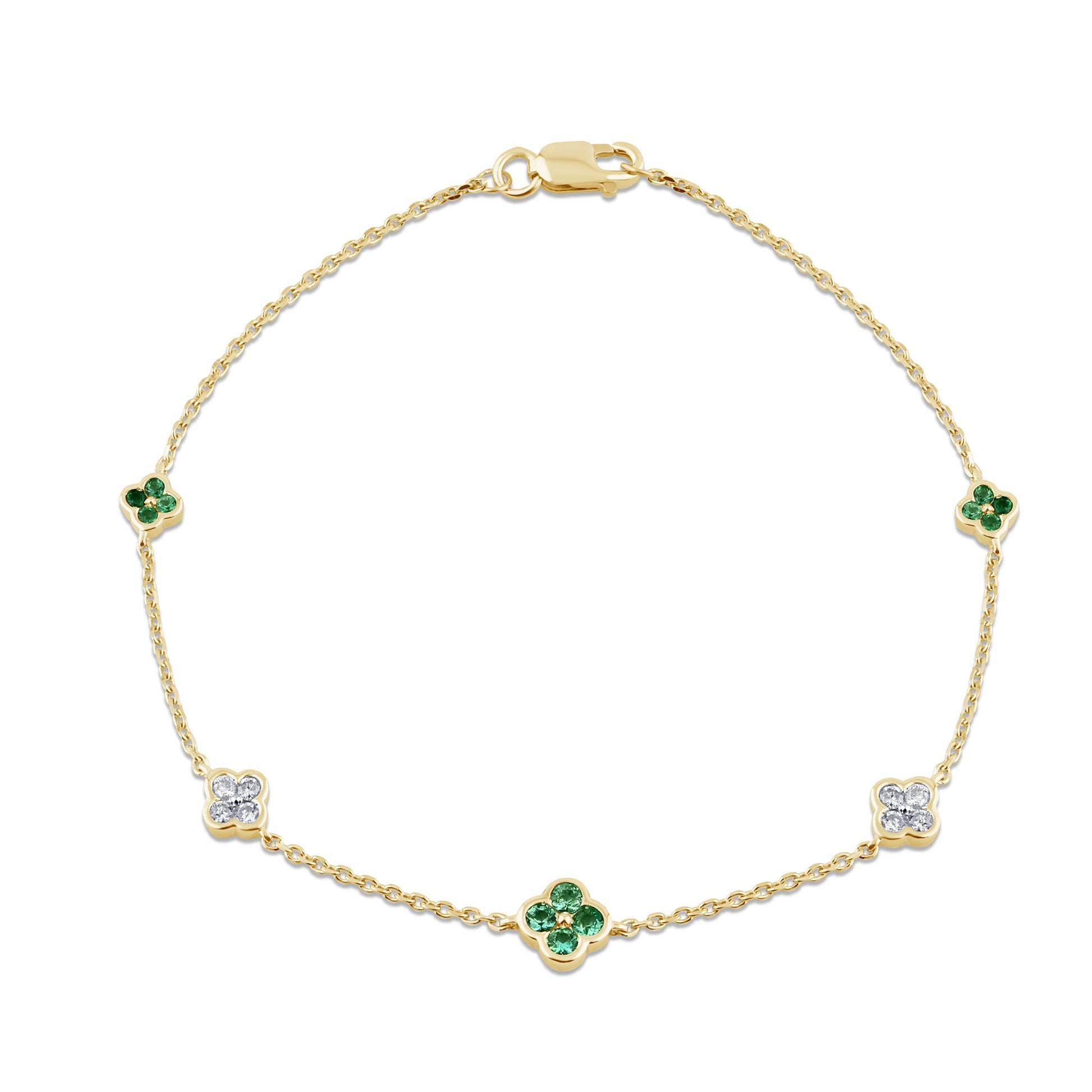 SPECIAL!.43ct G SI 14K Yellow Gold Diamond & Emerald Gemstone Flower Chain Bracelet 7" Long