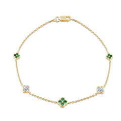 SPECIAL!.43ct G SI 14K Yellow Gold Diamond & Emerald Gemstone Flower Chain Bracelet 7" Long