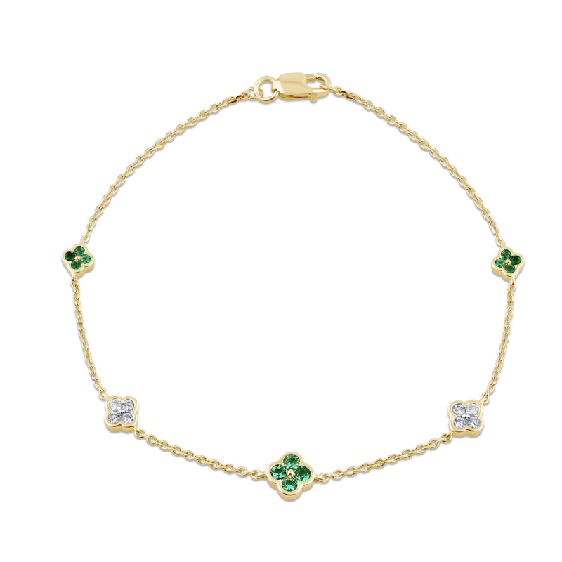 SPECIAL!.43ct G SI 14K Yellow Gold Diamond & Emerald Gemstone Flower Chain Bracelet 7" Long