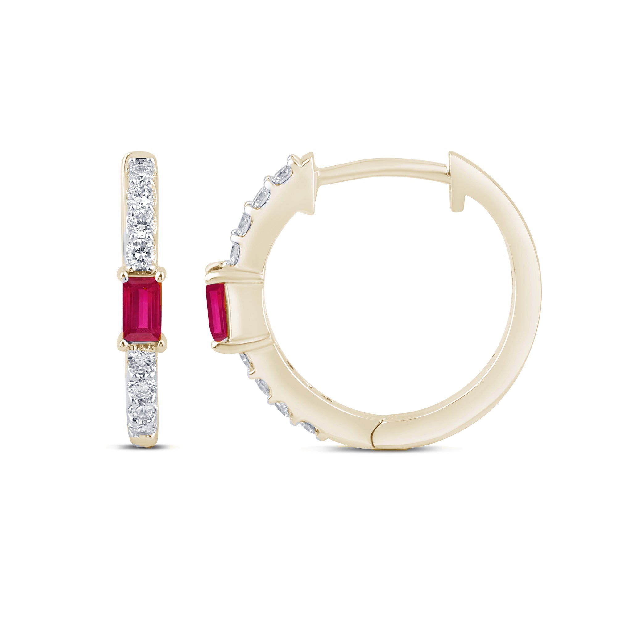 SPECIAL! .49ct G SI 14K Yellow Gold Diamond & Baguette Ruby Gemstone Hoop Post & Click Earings