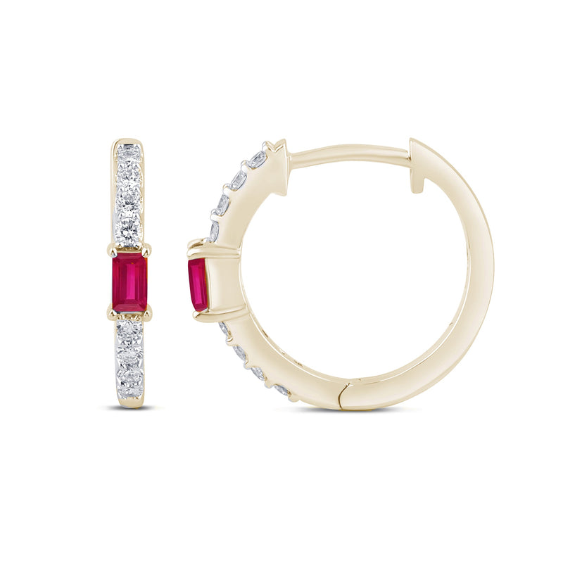 SPECIAL! .49ct G SI 14K Yellow Gold Diamond & Baguette Ruby Gemstone Hoop Post & Click Earings