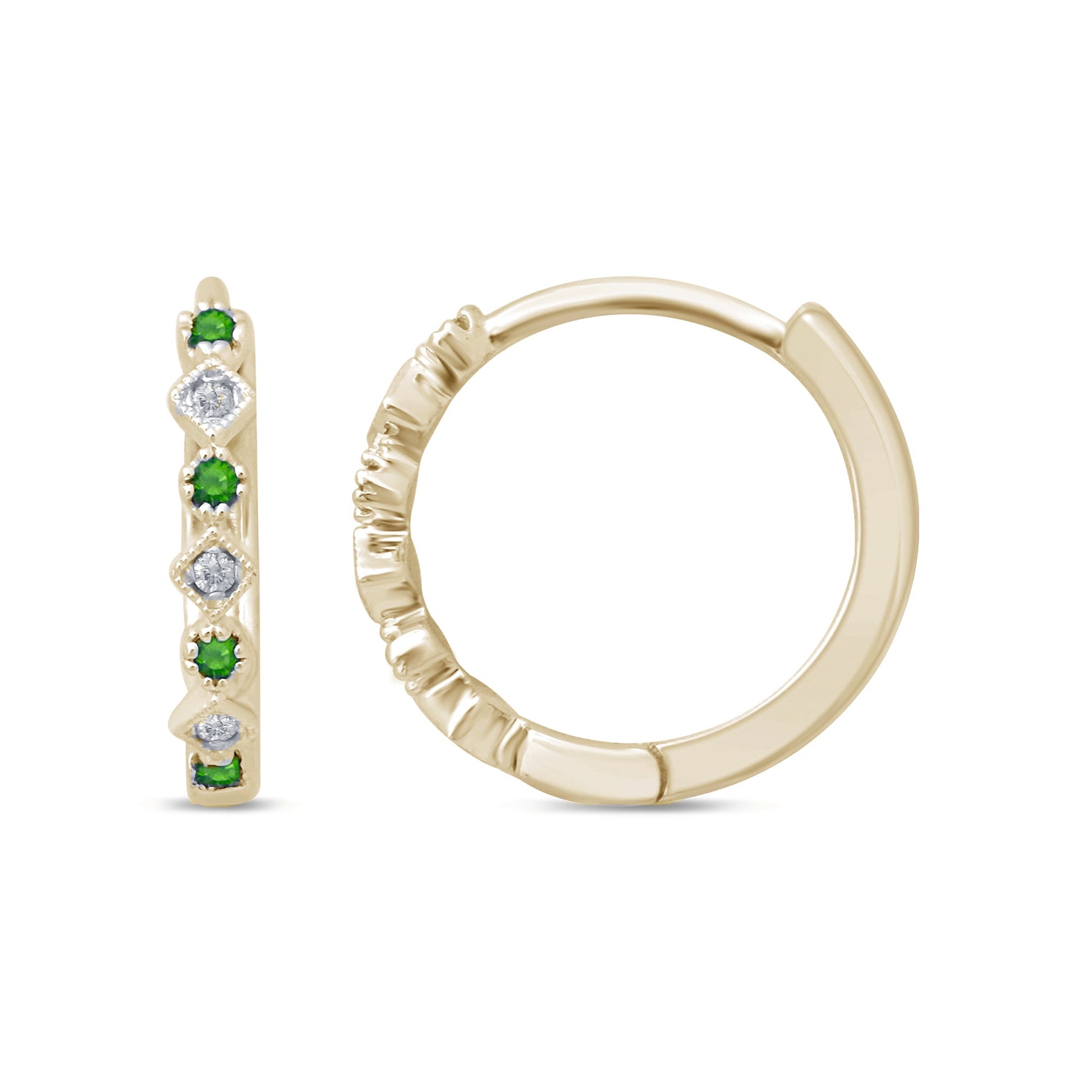 GEMSTONE CLOSEOUT!  .15ct 14k Yellow Gold Diamond & Emerald Hoop Huggie Antique Earrings