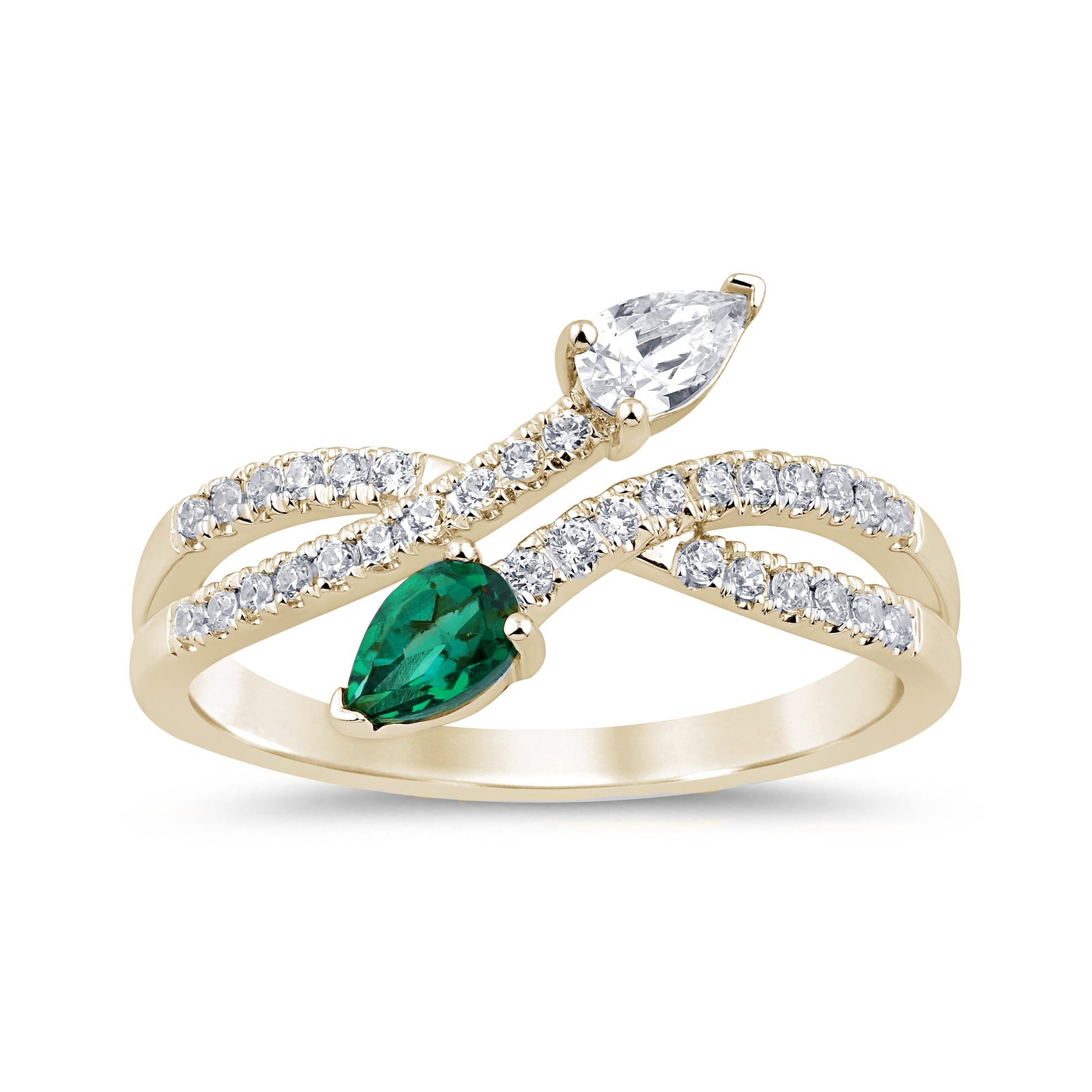 SPECIAL!.61ct G SI 14K Yellow Gold Pear Shaped Diamond & Emerald Gemstones Open Ring Band Size 6.5