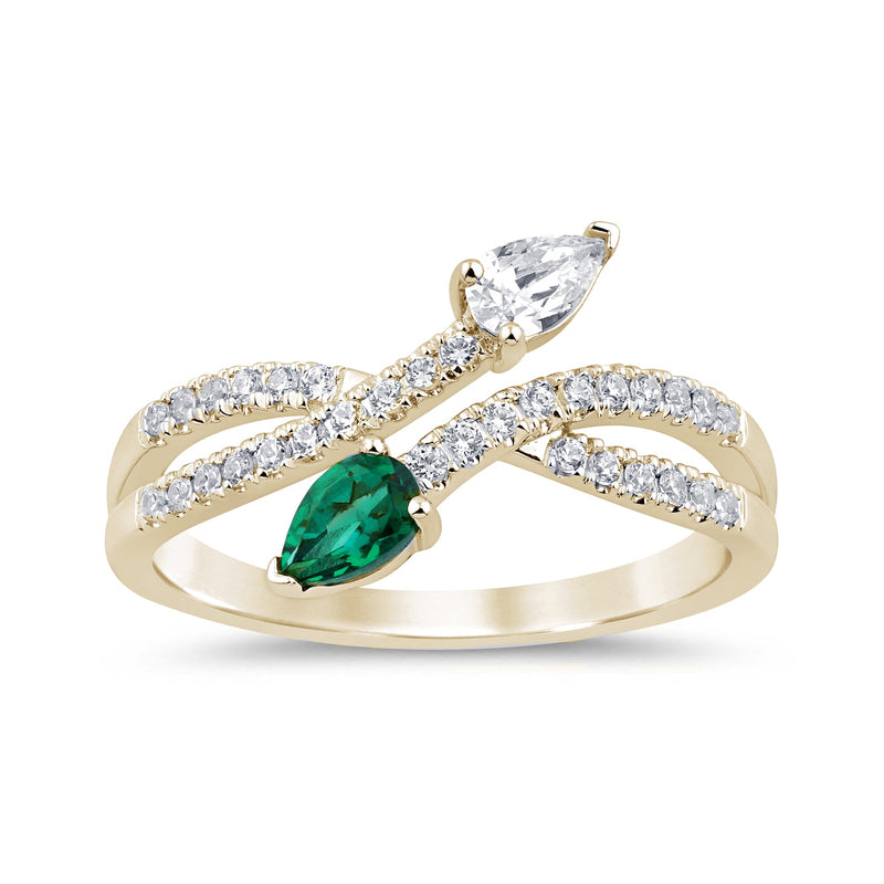 SPECIAL!.61ct G SI 14K Yellow Gold Pear Shaped Diamond & Emerald Gemstones Open Ring Band Size 6.5