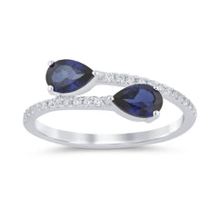 SPECIAL! 1.11ct G SI 14K White Gold Diamond & Pear Shape Blue Sapphire Gemstones Band Ring  Size 6.5