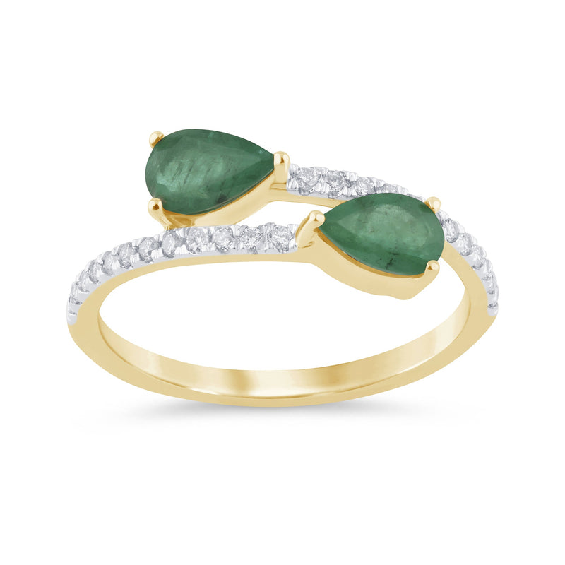 SPECIAL! .86ct G SI 14K Yellow Gold Diamond & Pear Shape Emerald Gemstones Band Ring  Size 6.5