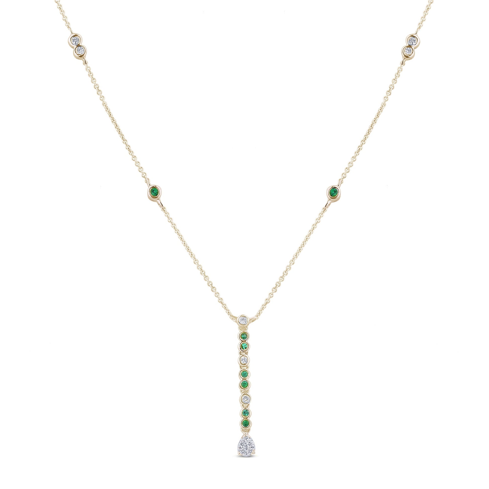 SPECIAL! .21ct G SI 14K Yellow Gold Diamond & Emerald Gemstone Drop Pendant Necklace 16" + 2" Ext