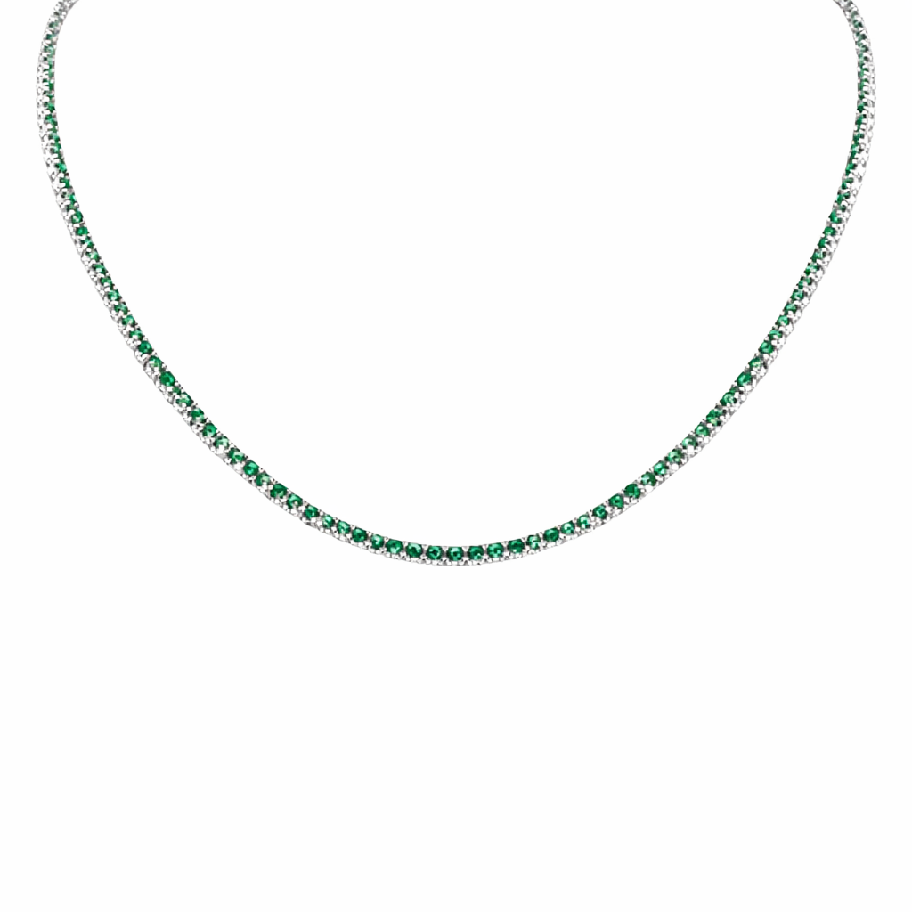 SPECIAL! 3.54ct G SI 14K White Gold Round Emerald Gemstone Tennis Necklace 12+4" Ext
