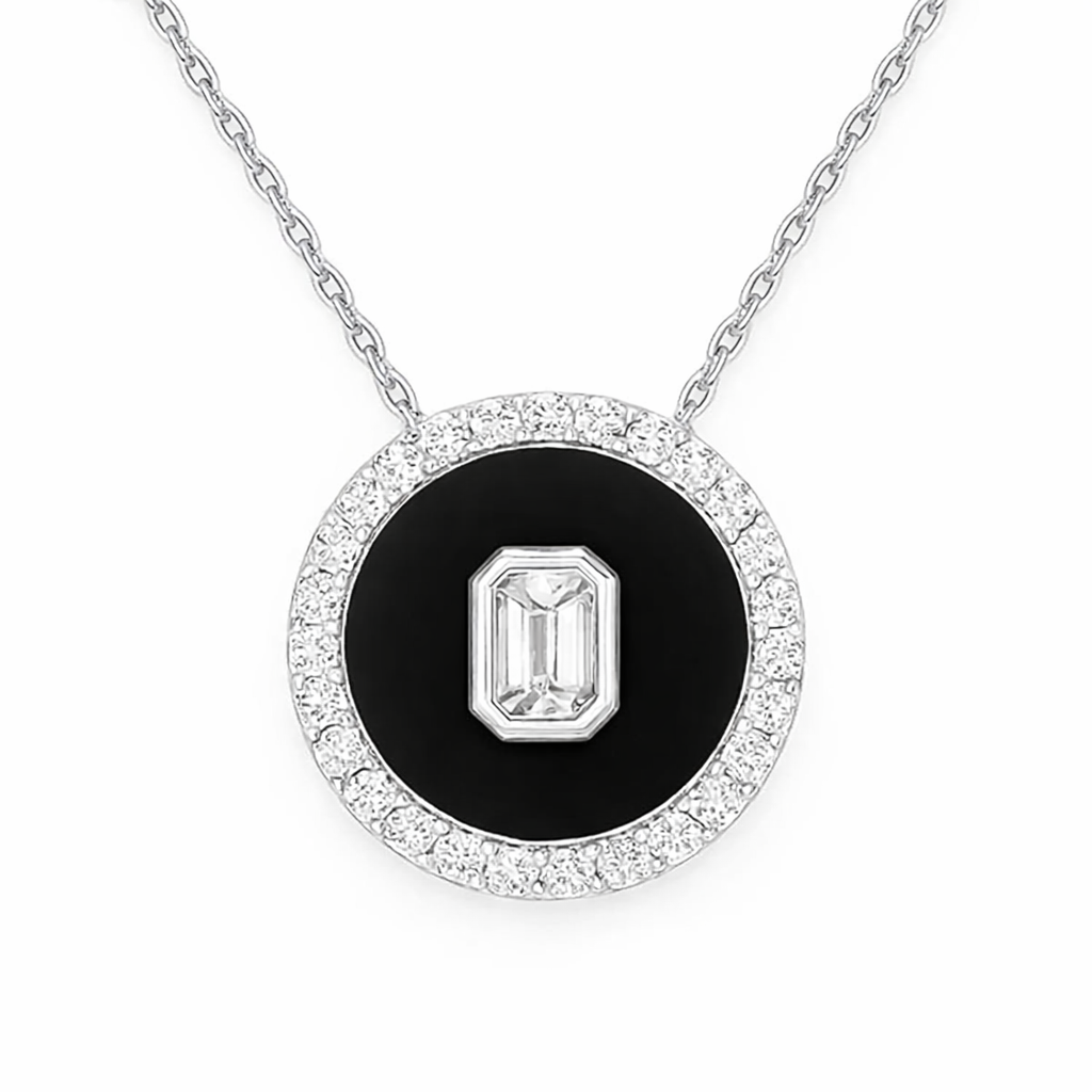 SPECIAL! 0.32ct G SI 14kt White Gold Modern Diamond & Onyx Pendant Necklace 18" Long